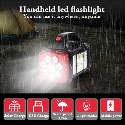 Portable Solar Handheld Flashlight With  COB Work Lights USB Rechargeable For Outdoor Hunting Boating Camping And Home Emergency